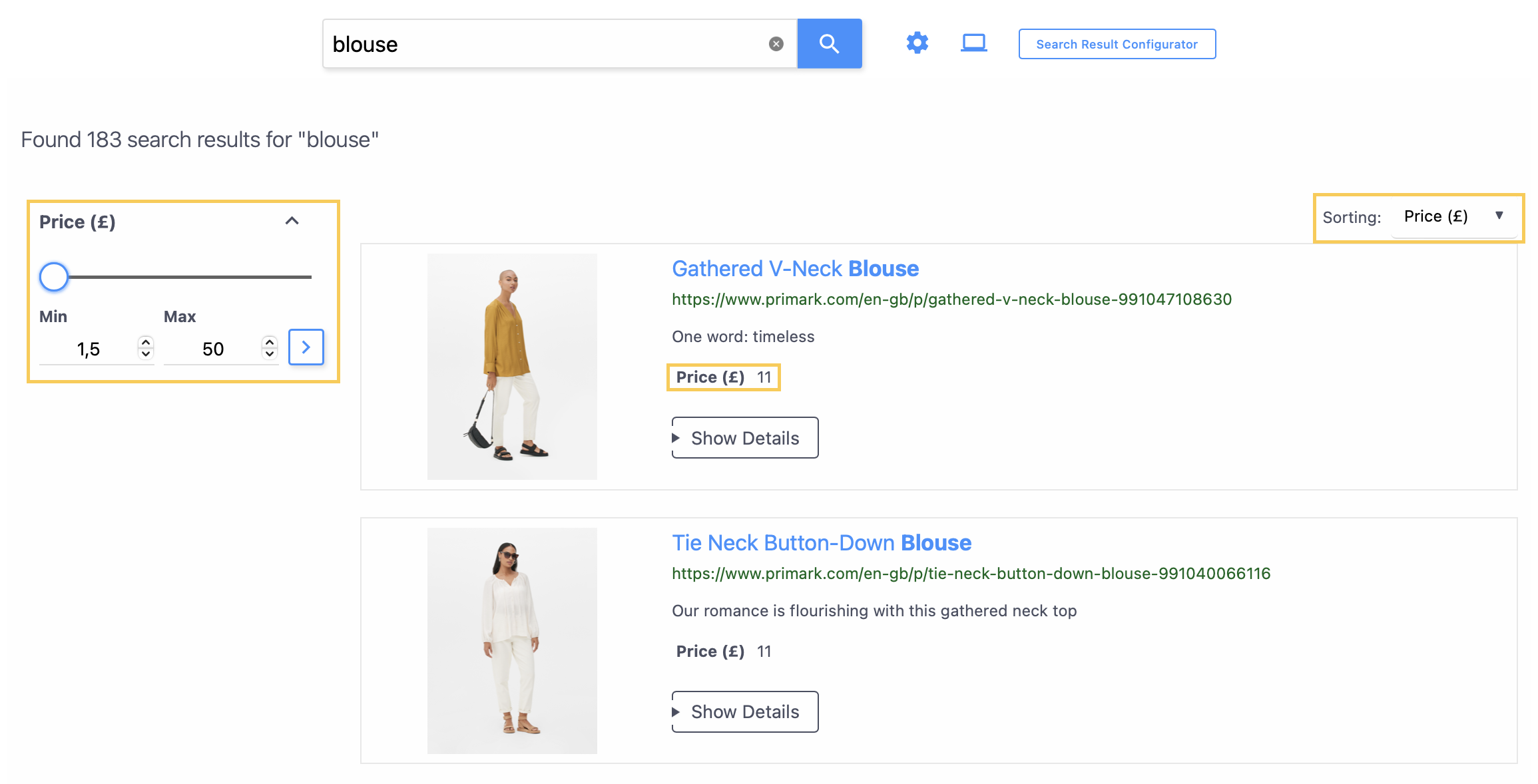 price data point used in the result snippet as well as the filter and the sorting order