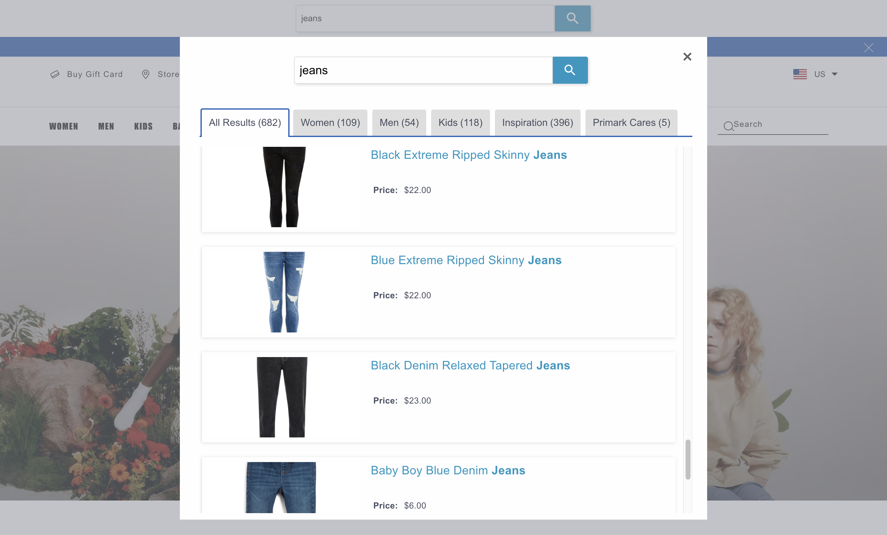 Demo search on Primark's website