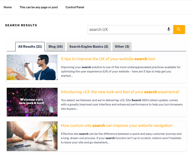 show search results as part of pages on WordPress